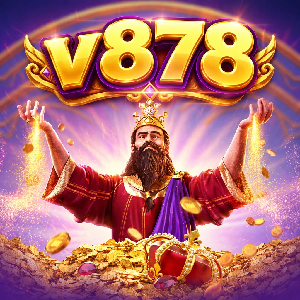 Raja Midas dengan mahkota di atas tumpukan koin emas pada Midas Fortune di v878